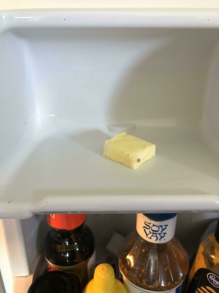 A lonely stick of butter in an otherwise empty fridge, highlighting why becoming a cat lady is attractive.