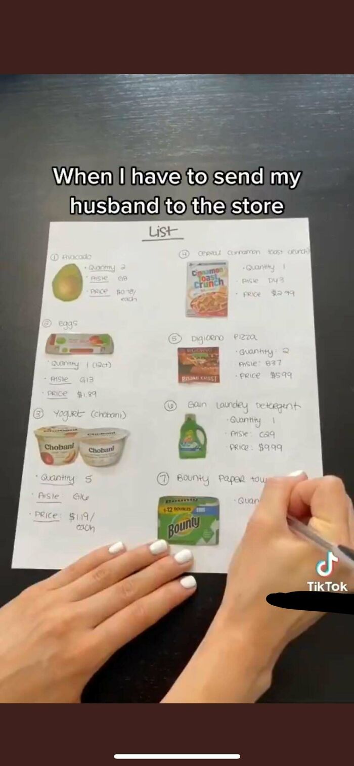 A handwritten grocery list for a husband, showing items like avocado and cereal, illustrating relationships.