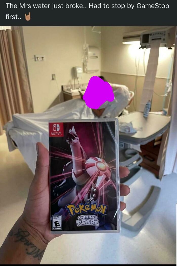 A man holds a Nintendo Switch game in a hospital room, with a woman in bed, showing men in relationships.