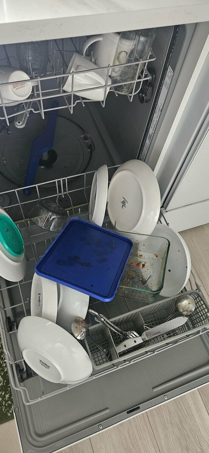 A dishwasher full of dirty dishes, making becoming a cat lady look more attractive.
