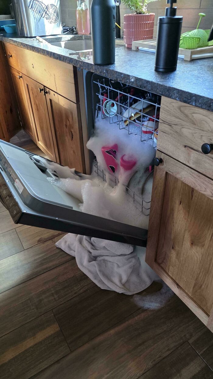 A dishwasher overflowing with soap suds, making becoming a cat lady look more attractive.