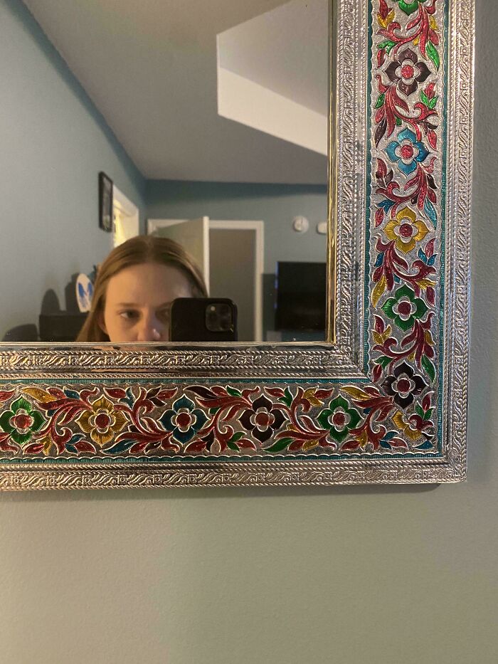 A person taking a selfie in a decorative mirror, making becoming a cat lady look more attractive.