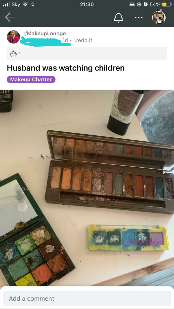 Smashed makeup palettes after a husband watched children, showing why being a cat lady is attractive.