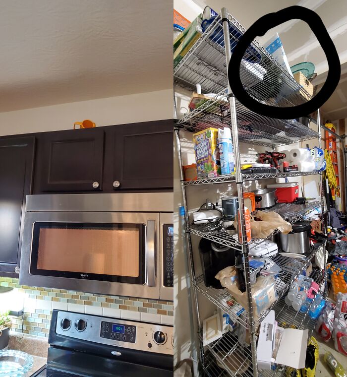 A split image of a clean kitchen and a messy garage, depicting differences in men in relationships.