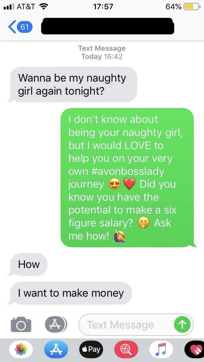Screenshot of a text conversation where a woman silences a creepy man by promoting Avon, celebrating ruthless women.
