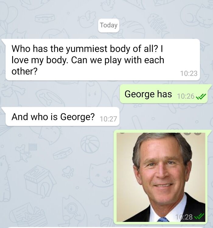 A screenshot shows ruthless women silencing dumb and creepy men with a picture of George W. Bush.
