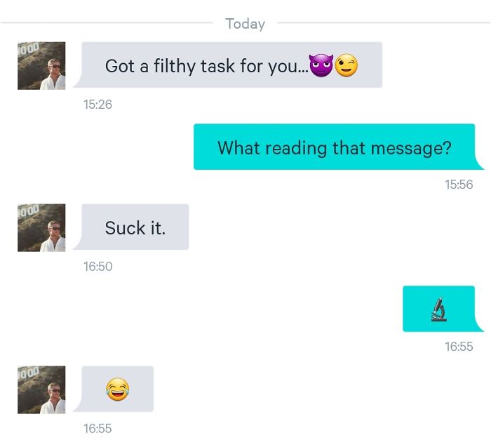 A text conversation showing a ruthless woman silencing a creepy man with a clever response and a microscope emoji.