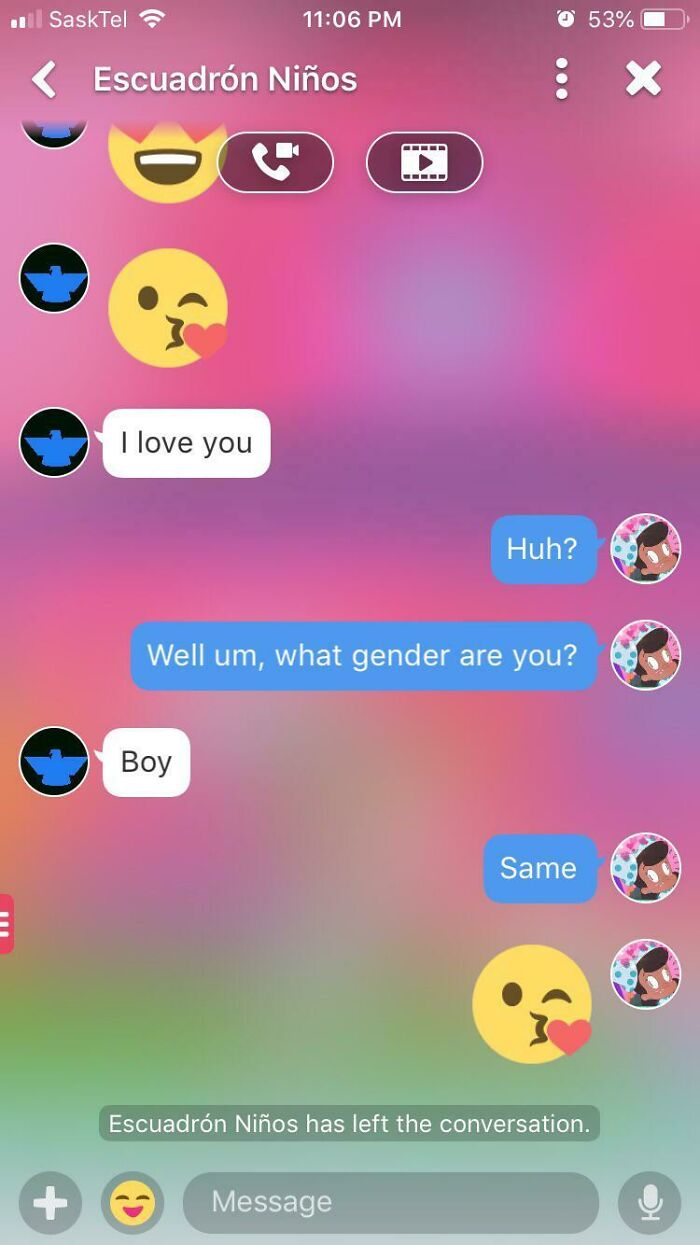 A text conversation where a ruthless woman silences a creepy man by asking his gender after he said 'I love you'.