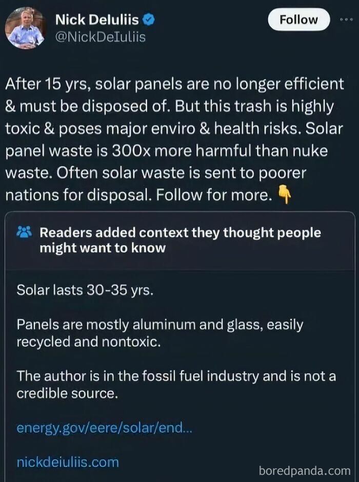 Tweet from Nick Deluliis getting fact-checked about solar panel disposal, showing what a liar they are.
