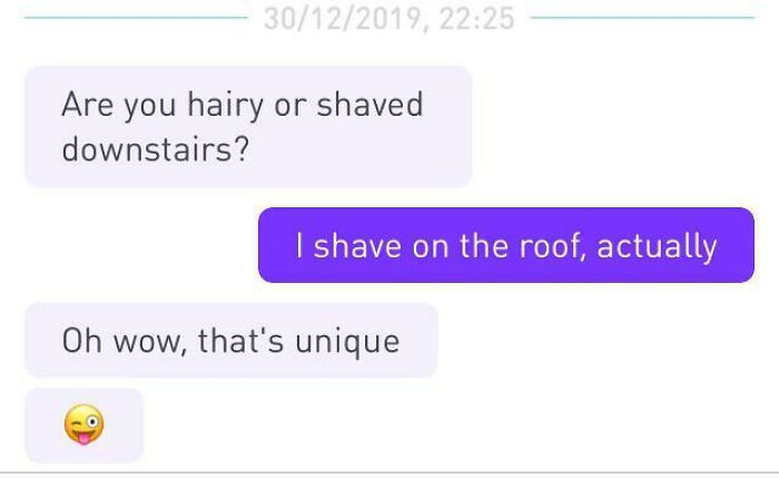 A text conversation where a ruthless woman silences a creepy man by humorously responding to an inappropriate question.