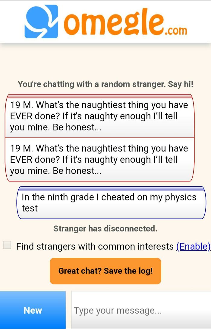 A screenshot from Omegle showing a creepy man being silenced by a ruthless woman responding about cheating on a physics test.