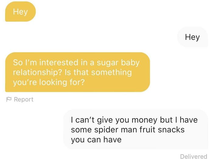 A text conversation where a ruthless woman silences a creepy man by offering spider-man fruit snacks instead of being a sugar baby.