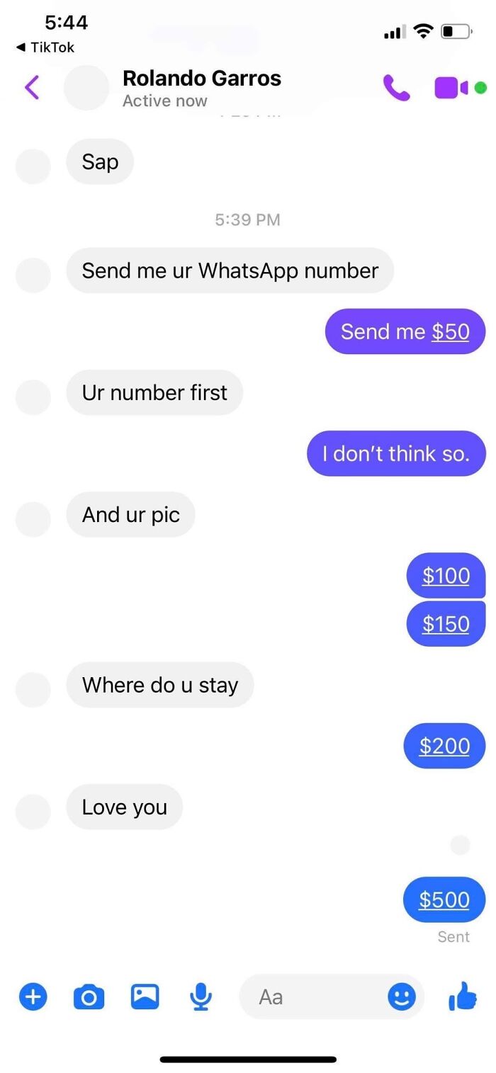 A text conversation where a ruthless woman silences a creepy man by demanding increasing amounts of money instead of her number.