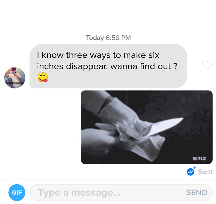 A screenshot of a text message where a ruthless woman sends a GIF of a knife in response to a creepy man's message.