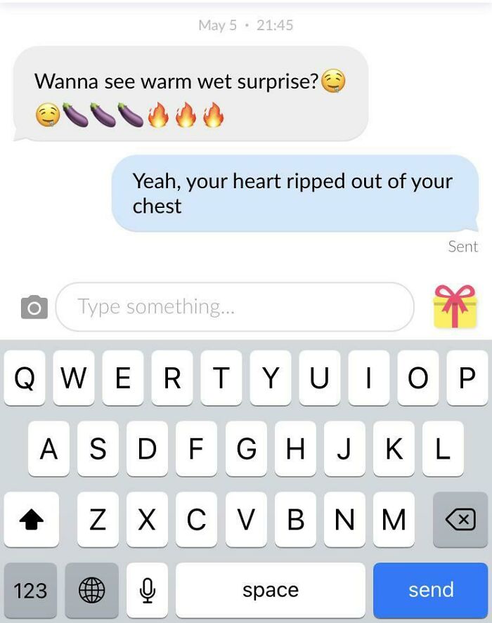 A screenshot showing dumb men being silenced by ruthless women after a creepy offer to see a 'warm wet surprise'.