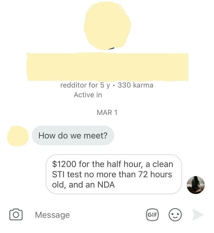 A screenshot showing dumb men being silenced by ruthless women by giving a high price for a meeting.