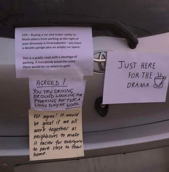 Multiple notes on a car, a lesson in parking about drama from jerk neighbors.