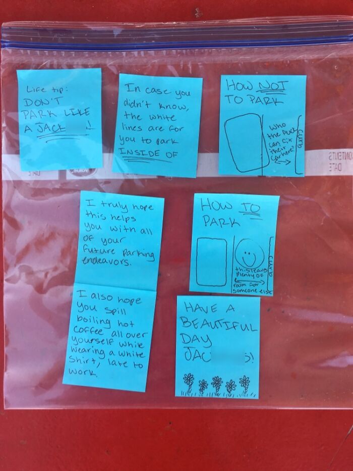 Multiple sticky notes offering parking lessons to jerk neighbors.