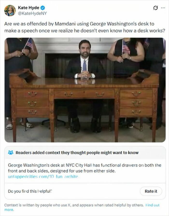 A social media post with a fact-check explaining George Washington's desk is dual-sided, revealing someone acting like a fool.