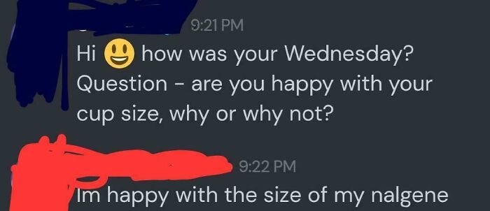 A screenshot showing dumb men being silenced by ruthless women with a creepy question about cup size.