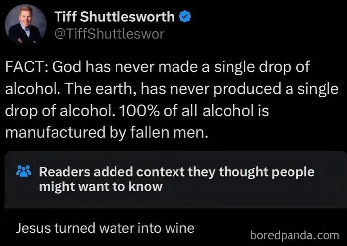 A social media post fact-checked with added context about God never making alcohol and Jesus turning water into wine, showing people fact-checked.