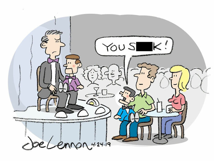 Joe Lennon comic showing a ventriloquist and puppets at a show, illustrating funny awkward moments.