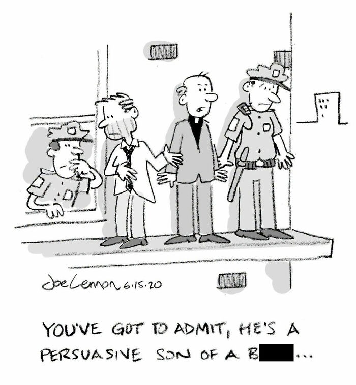 Joe Lennon comic depicting two police officers and a priest, capturing life's funny awkward moments.