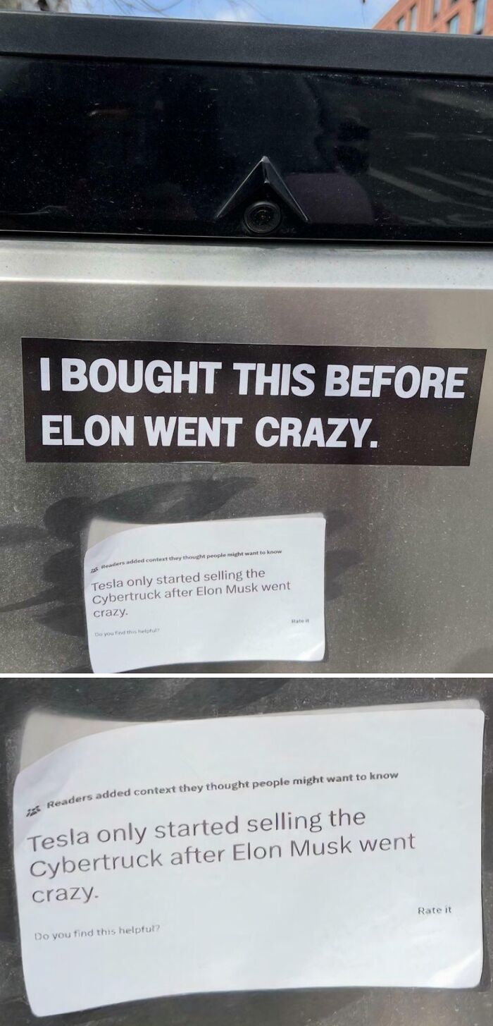 A fact-checked bumper sticker claiming to buy a Tesla before Elon Musk went crazy, showing the sticker's owner as a fool or liar.