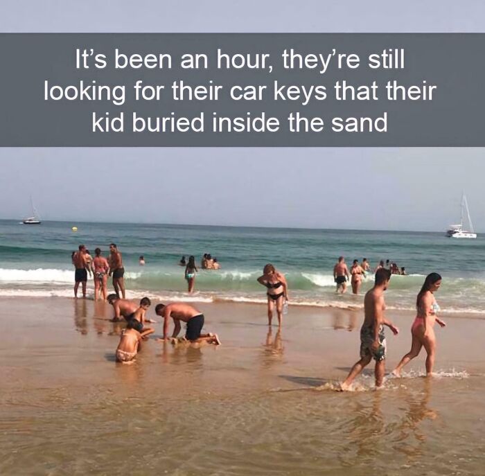 Parents frantically search for car keys buried in the sand by their child, feeling the burden of parenting.