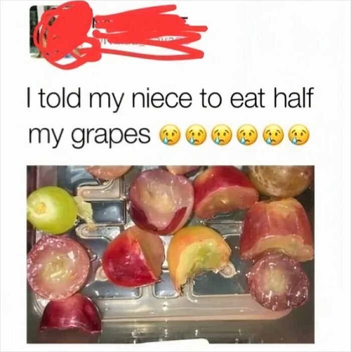 A box of grapes with only the skins remaining, illustrating a child's unique interpretation of parents instructions.