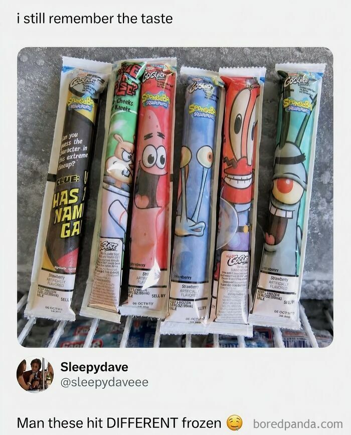 Spongebob Squarepants character ice pops bringing 90s and 00s nostalgia with their distinct flavors.