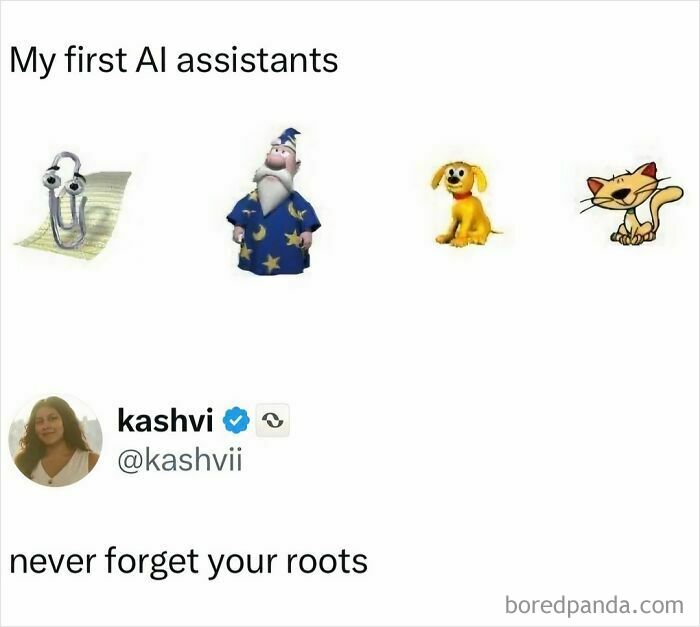 Classic AI assistants like Clippy, Merlins cat, and dog, creating nostalgia from the 90s and 00s.