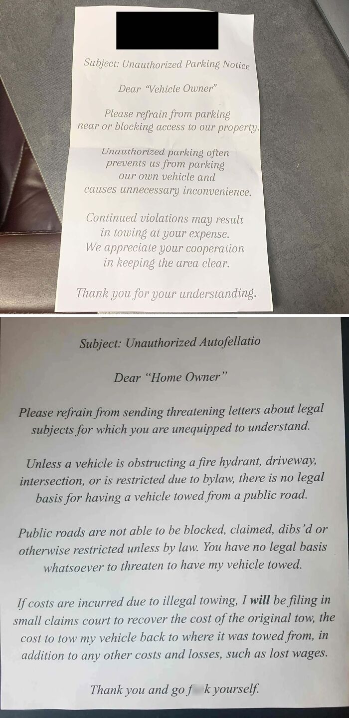 Two notices about parking disputes, one an unauthorized parking notice, the other a retaliatory letter.