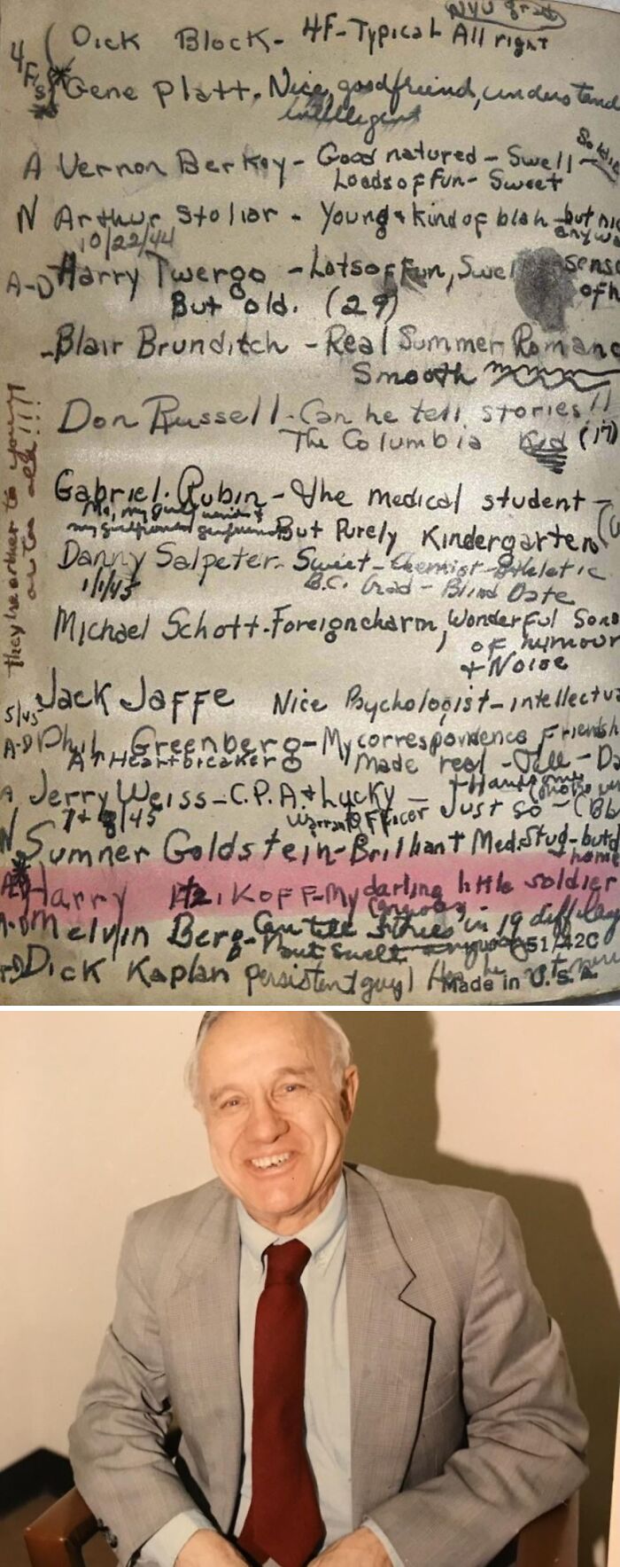 A handwritten list of names and descriptions with a smiling man, fascinating pieces of ephemera from the past.