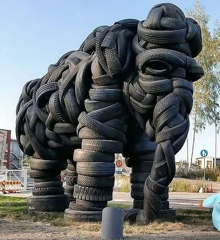 An elephant sculpture made from tires, an unexplainable pic that people cannot explain.