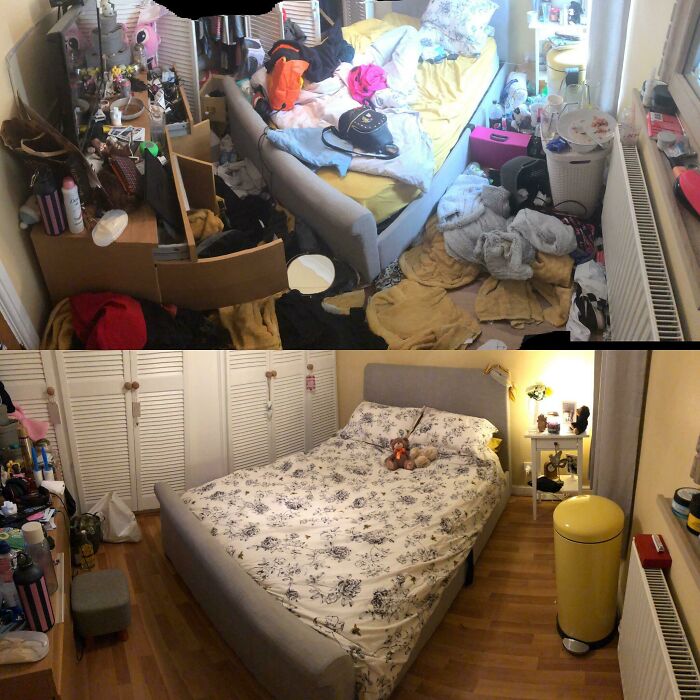 Male living spaces: A before-and-after of a messy bedroom transformed into an organized, clean space.