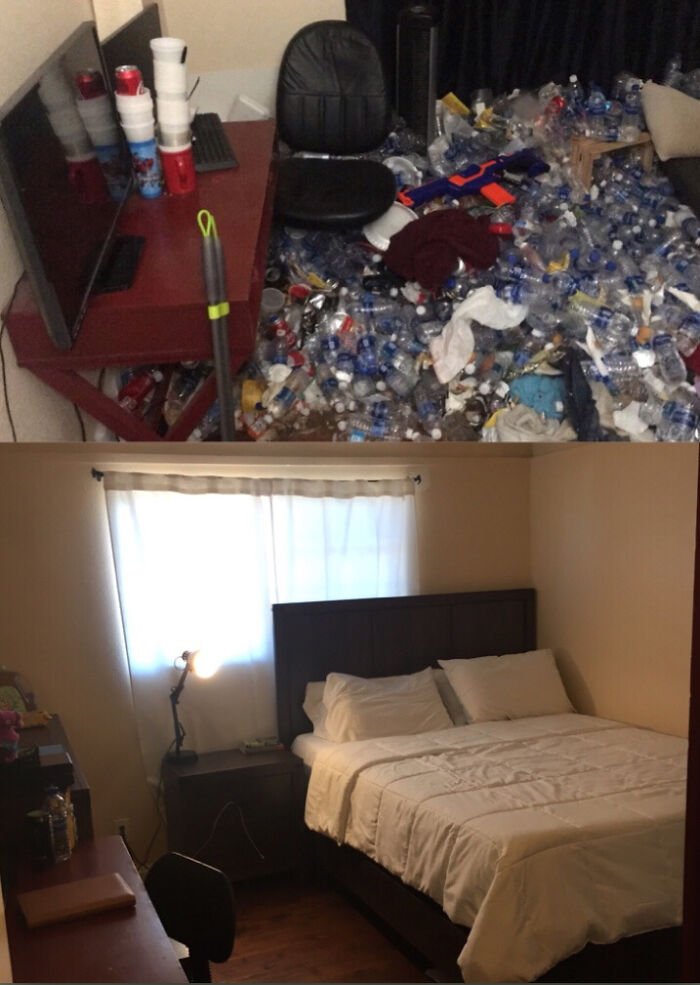 A before-and-after image of a male living space, showing a room filled with empty water bottles and then a clean, tidy bedroom.