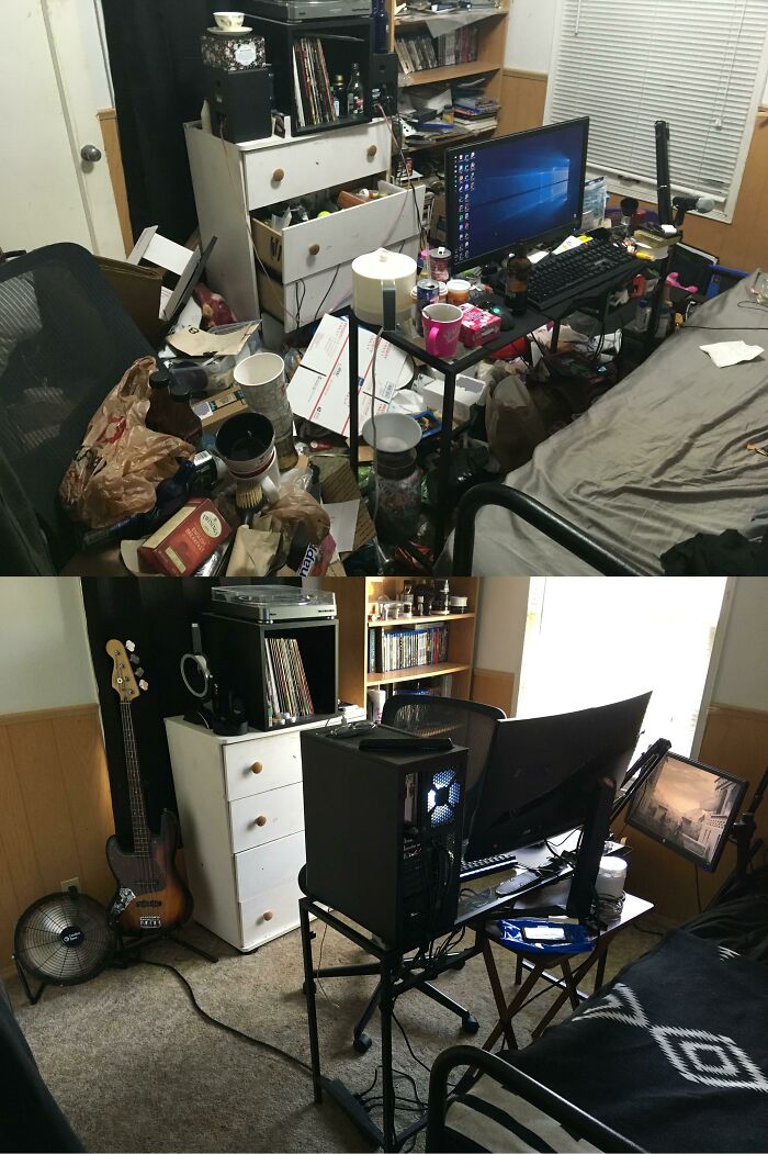 Before and after of a male living space, showing a dramatic transformation from clutter to an organized gaming setup.