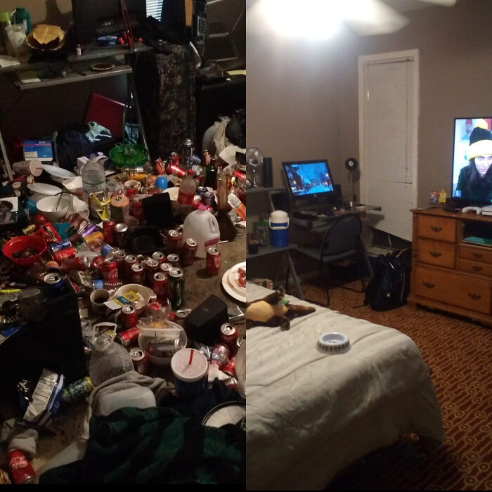 Before and after comparison of a messy male living space versus a clean and organized bedroom.