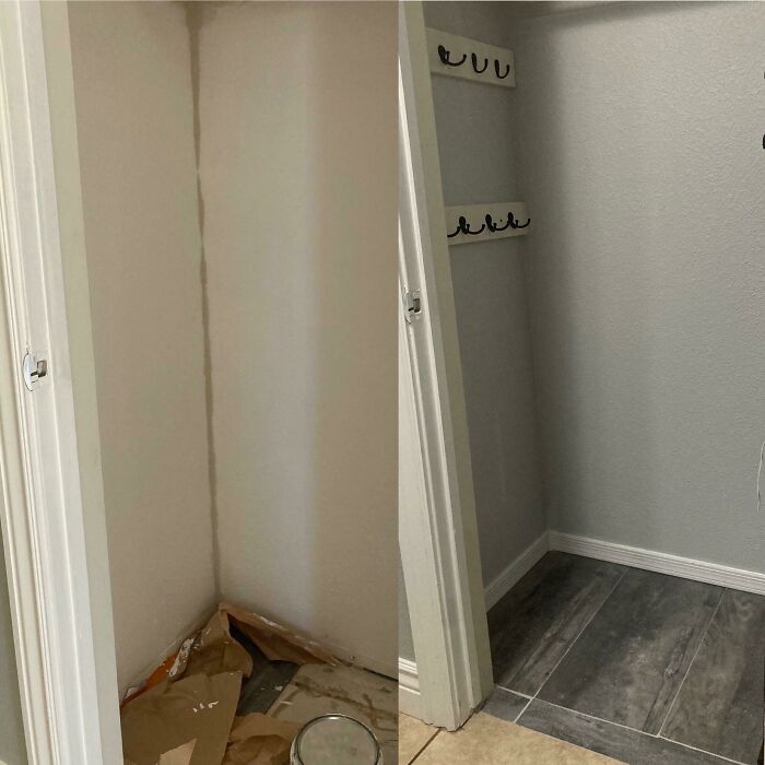 Before and after of a small closet DIY home project, featuring new hooks and dark tile flooring, proving you don't need a huge budget.