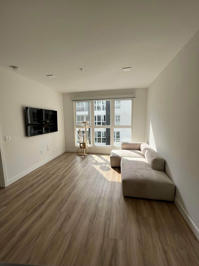 A bright, modern male living space with a large window, a sectional sofa, and a wall-mounted TV.