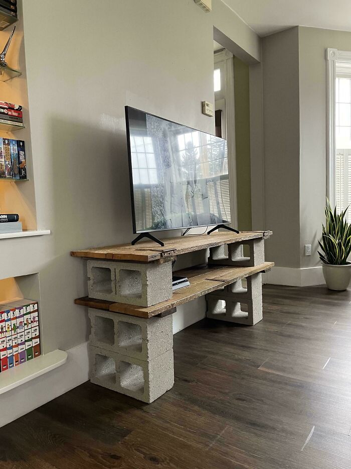 A simple TV stand made of cinder blocks and wooden planks in a male living space, with a snake plant nearby.