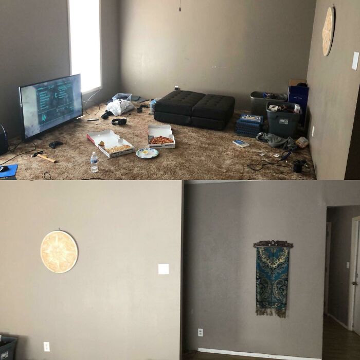 Before and after image showing a messy room with pizza boxes and a TV on the floor, transforming into a tidy male living space.