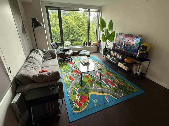 A neat male living space featuring a gray sofa, a patterned rug depicting a town, and a large window.