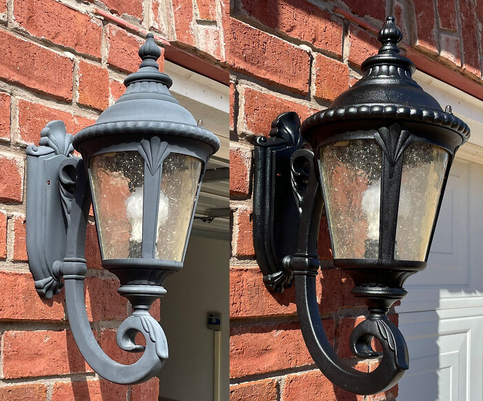 Before and after comparison of a DIY home project showing an old outdoor lamp repainted from gray to black.