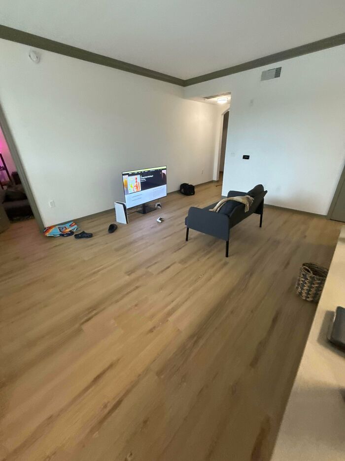 A minimalist male living space with wood floors, a TV on a stand, and a chaise lounge.