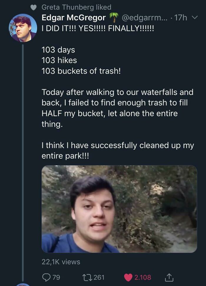 A tweet from Edgar McGregor discussing 103 days of collecting trash, finally succeeding in taking over.