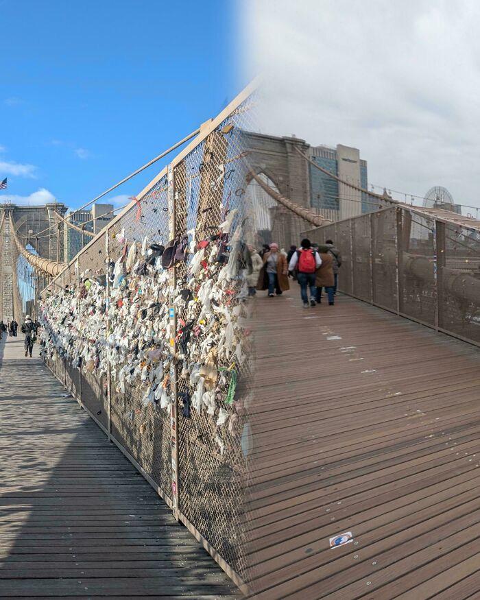 A split image of a bridge, one side covered in discarded items and the other clean, showing less trash taking over.