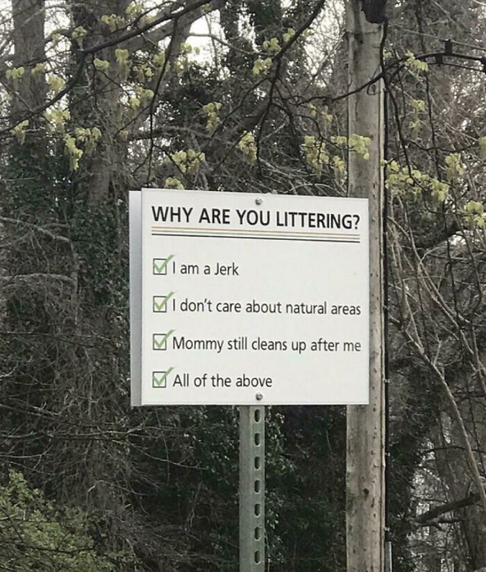 A sign asks Why are you littering? with options for being a jerk, not caring for nature, or mommy cleans up.