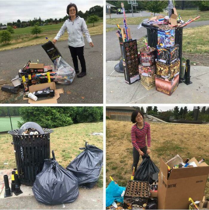 Collage showing people cleaning up large amounts of trash, including fireworks debris, emphasizing the global trash issue and need for influencers.